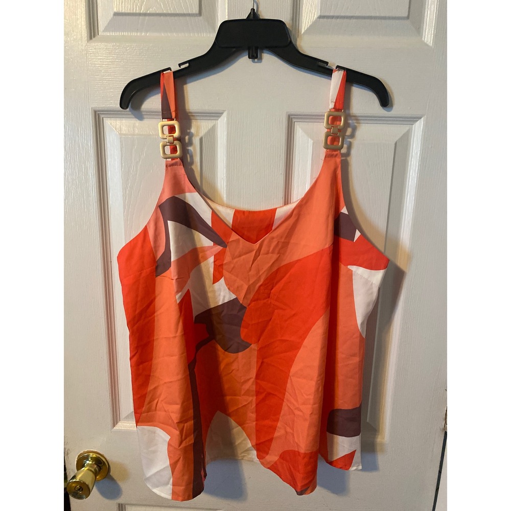 Abstract Print V-Neck Camisole Top with Gold Link Straps Orange Coral 2XL